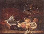 unknow artist Still life of a lute,books,apples and lemons,together with a gilt tazza with a wine glass and decanters,all upon a stone ledge Sweden oil painting artist